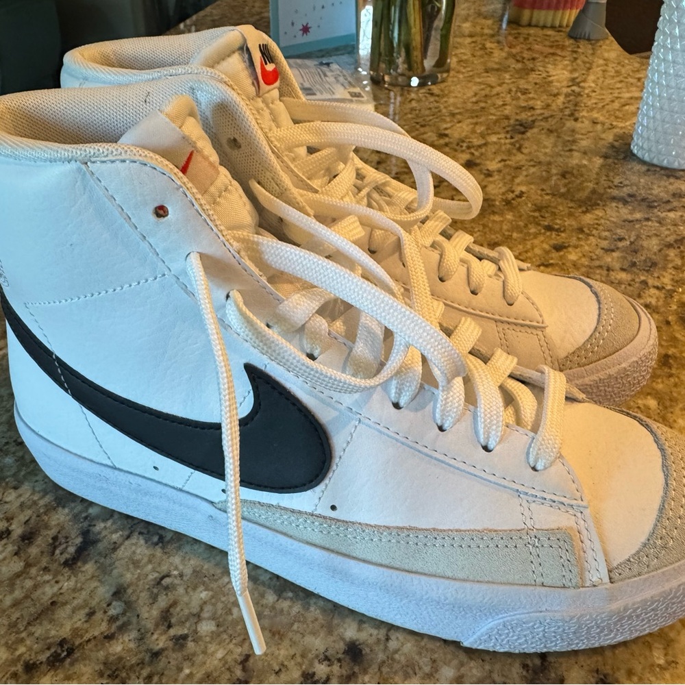 White High-Top Sneakers with Black Swoosh